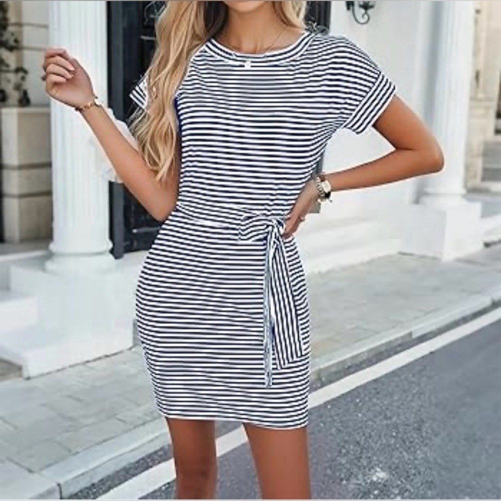 NWT Merokeety Blue White Striped Midi Dress Small Coastal Summer Vacation Dress